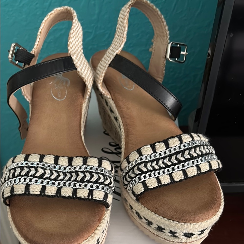 Black and Cream Wedge Sandals